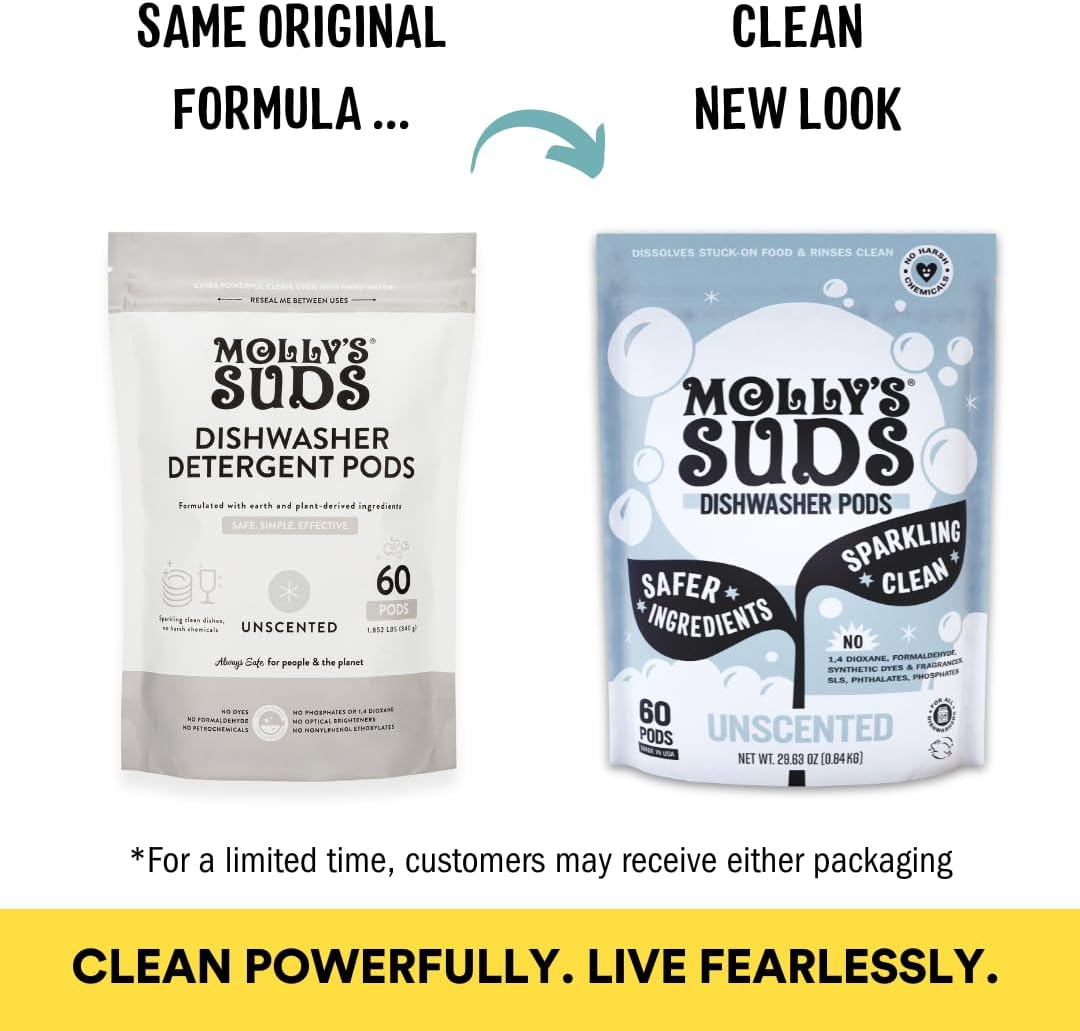 Molly's Suds Dishwasher Pods - Natural Grease Cutter, Residue-Free Clean, Hypoallergenic - 60 Tabs