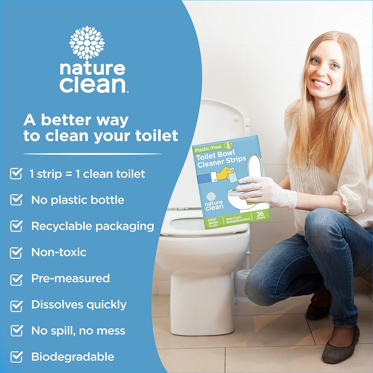 Nature Clean Toilet Bowl Cleaner Strips - Non-Toxic, Biodegradable, Fresh Lemon Scent - 36 Count
