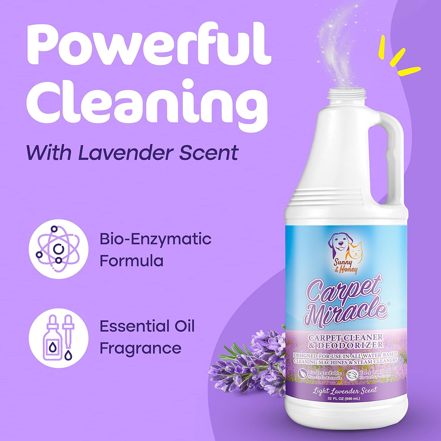Carpet Miracle Carpet Shampoo - Deep Stain Remover, Odor Neutralizer, Light Lavender - 32FL OZ