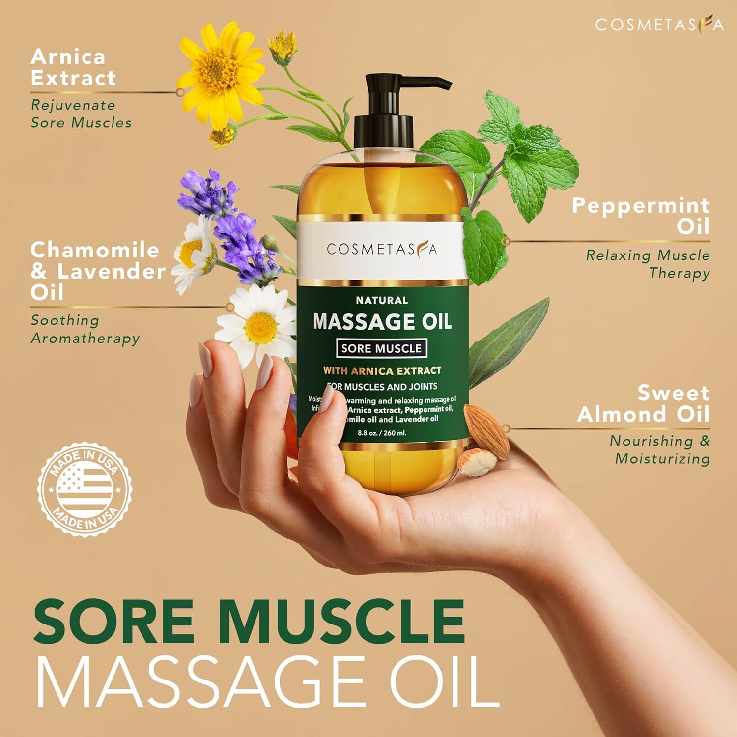 Cosmetasa Massage Oil - Eases Sore Muscles with Arnica & Lavender, Lightweight Formula - 3.4oz