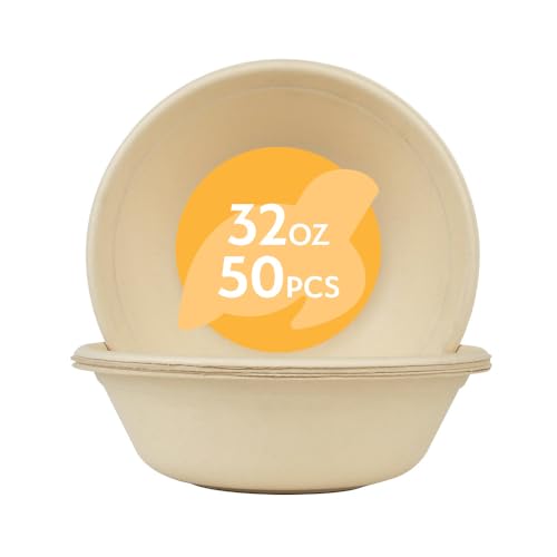 Earth's Natural Alternative Compostable Bowls - Heavy-Duty, Unbleached, 32oz, 50 Pack