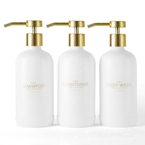 Janxin Shampoo & Conditioner Dispenser Set - Stylish, Refillable 21oz Bottles with Labels