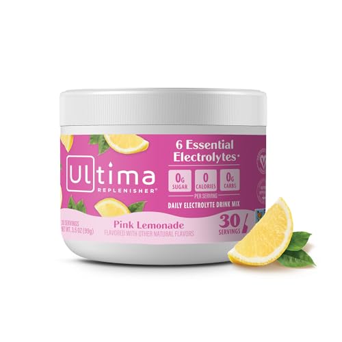 Ultima Replenisher Electrolyte Drink Mix - 6 Key Electrolytes, Pink Lemonade Flavor - 30 Servings