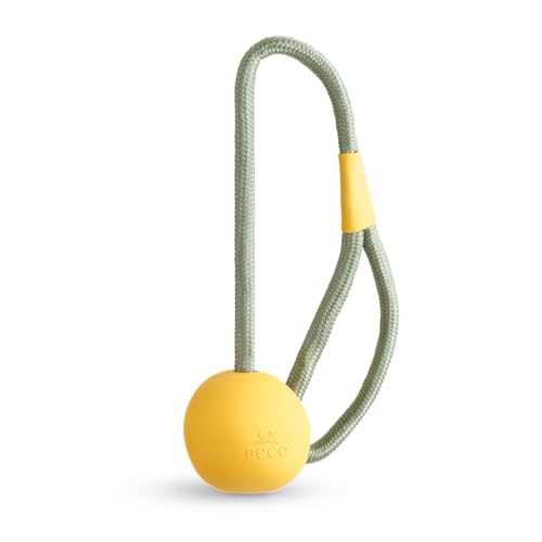 Beco Dog Toy - Durable Natural Rubber Ball on Recycled Rope, Safe for Play - Yellow
