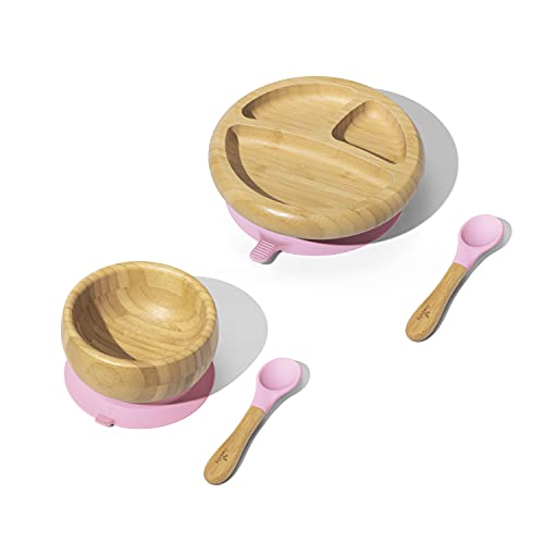 Avanchy Baby Feeding Supplies - No-Mess Suction Plate & Soft Spoon, BPA-Free, Pink - 7” × 2”