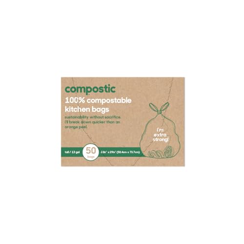 Compostic Compostable Trash Bags - Extra Strong, 100% Organic, 13 Gallon, 50 Count
