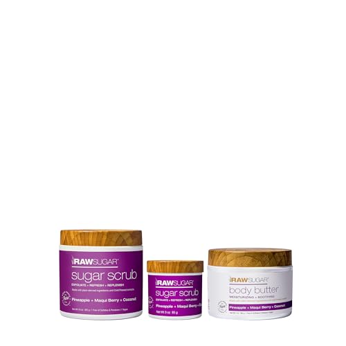 Raw Sugar Body Care Set - Revive Dry Skin with Tropical Coconut & Pineapple - 15oz + Travel Size