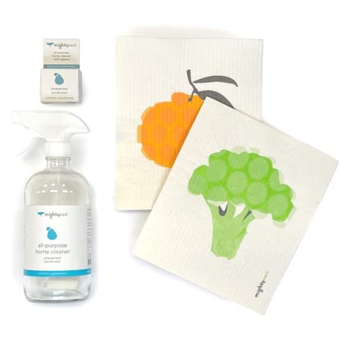 MightyNest Cleaning Essentials Set - Plant-Based Cleaner, Reusable Dish Cloths, 4-Piece Kit