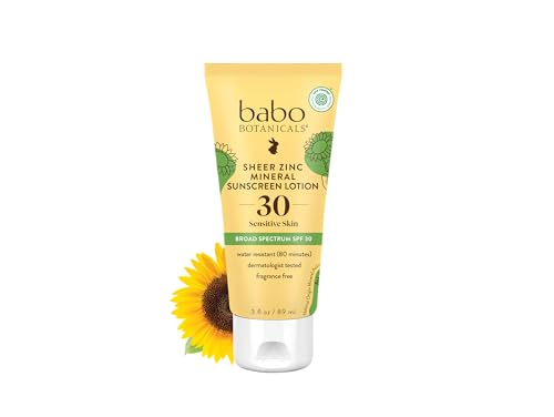 Babo Botanicals Zinc Sunscreen Lotion SPF 30 - Non-Greasy, Water-Resistant, Fragrance-Free - 3 Fl Oz