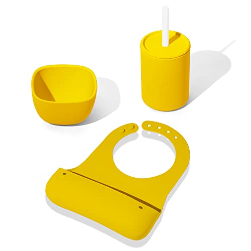 Avanchy Baby Bib Set - BPA-Free Silicone, Adjustable Fit & Mini Cup with Straw - 5oz Bowl