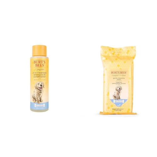Burt's Bees Puppy Grooming Set - Tearless Shampoo & Wipes for Sensitive Skin - 16oz + 50ct