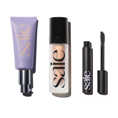 Saie Makeup Set - Hydrating Primer, SPF 35 Protection, Volumizing Mascara - 3 Products