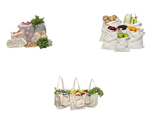 Organic Cotton Reusable Produce Bags Set - Durable, Washable, Zero Waste - 6 Bags with Tare Weight