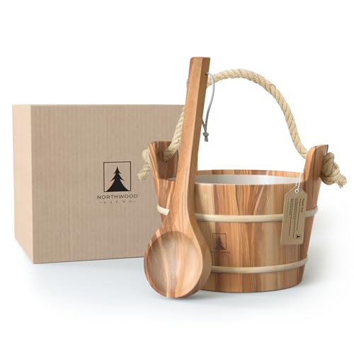 Northwood Sauna Wooden Bucket & Ladle Set - Handmade Canadian Cedar, 1 Gallon Capacity