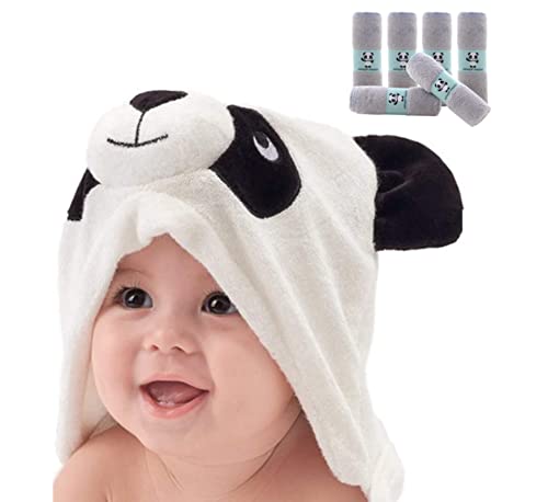 HIPHOP PANDA Baby Hooded Towel & Washcloths - Ultra Absorbent, Hypoallergenic, 6 Pack - 37.5 Inch