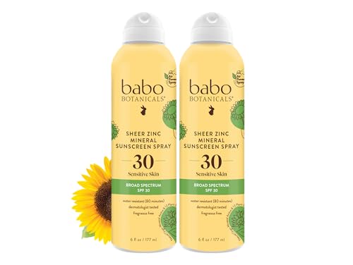 Babo Botanicals Sheer Zinc Sunscreen Spray SPF30 - Mineral Protection, Fragrance-Free, 2-Pack