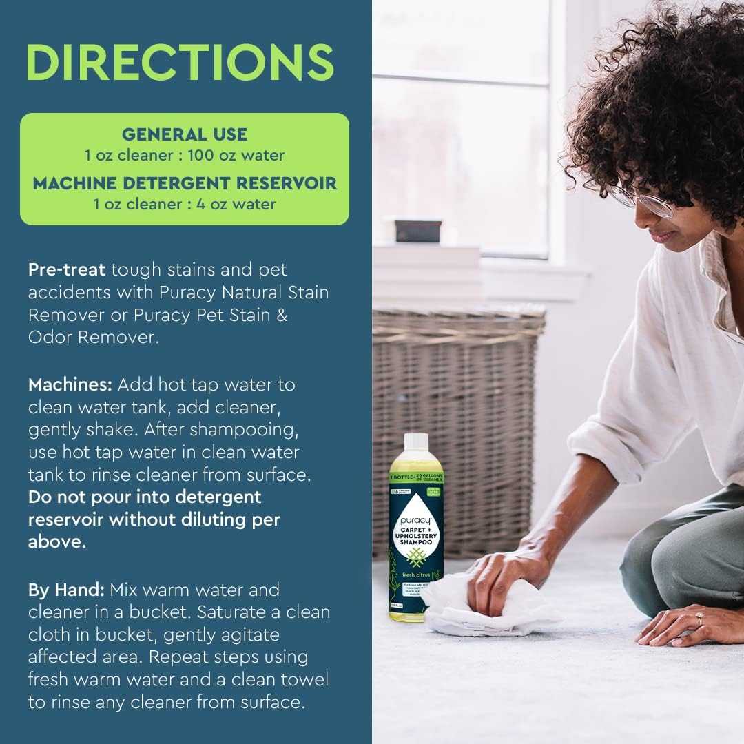 Puracy Carpet Shampoo - Pet Stain Remover, Natural Ingredients, Low Foam - 25oz Makes 20 Gallons