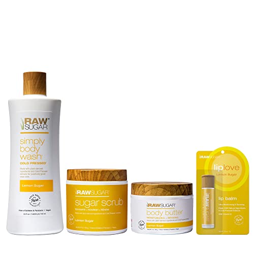 Raw Sugar Lemon Sugar Body Care Set - Hydrating Body Wash, Scrub, Butter, Lip Balm - 4 pcs