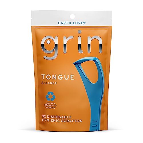 GRIN Tongue Cleaner - Promotes Fresh Breath, Hygienic Scraper, Recycled Plastic - 32 Count
