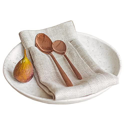 Pure Flax Linen Napkins - Durable, Elegant, Reusable Fabric Set of 8, White Herringbone 17x17in
