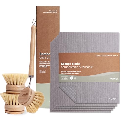 Vove Cleaning Essentials Set - Versatile Bamboo Brush & Absorbent Sponge Cloths - 3 Cloths & 2 Heads