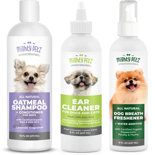 Mighty Petz Pet Care Bundle - Natural Ear Cleaner, Breath Spray & Oatmeal Shampoo - 3 Items