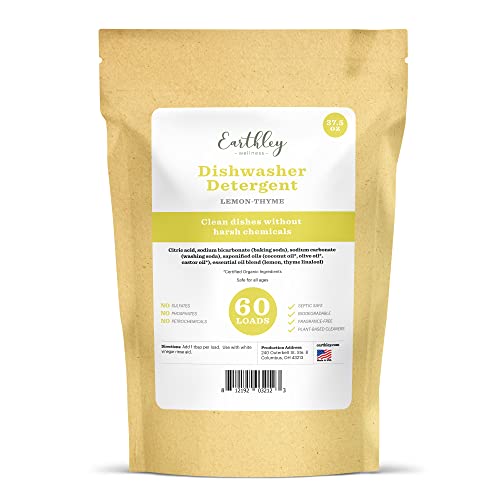 Earthley Wellness Dishwasher Detergent - Gentle, Plant-Based, Pure Lemon-Thyme Scent - 60 Loads