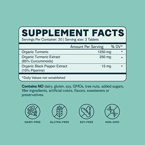 Ora Organic Turmeric Supplement - Joint & Heart Support, No Fillers - 90 Vegan Tablets