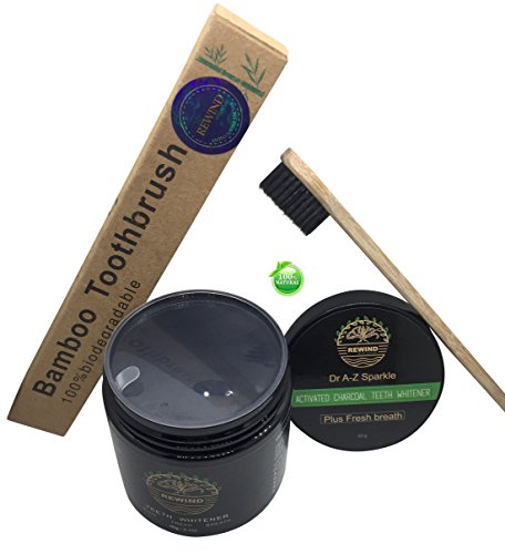 Charcoal Teeth Whitening Bundle - Removes Stains, Vegan & Natural - Includes Bamboo Toothbrush