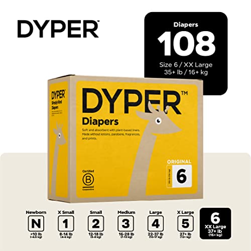 DYPER Size 6 Bamboo Baby Diapers - Soft, Absorbent, Hypoallergenic, 108 Count + 60 Wipes