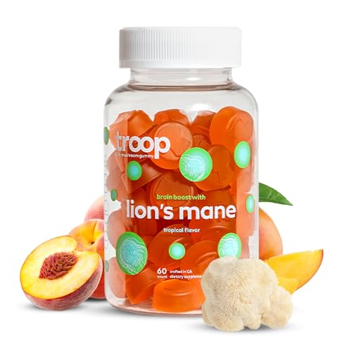 Troop Lion's Mane Mushroom Gummies - Boost Focus, Mood & Memory, Vegan, Peach Mango - 60 Count