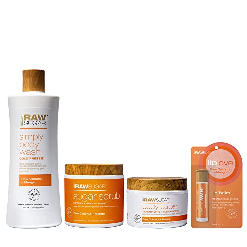 Raw Sugar Body Care Set - Hydrating Coconut & Mango Formula, Plant-Derived Ingredients - 4 Items