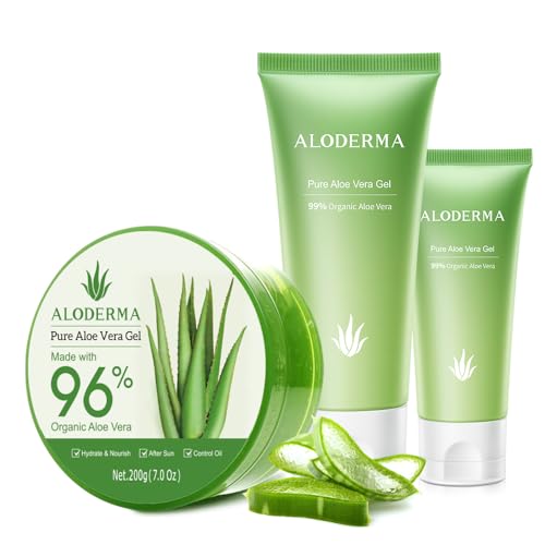 Aloderma Aloe Vera Gel Set - Intense Hydration, Organic Certified - 200g, 114g, 45g Travel Size