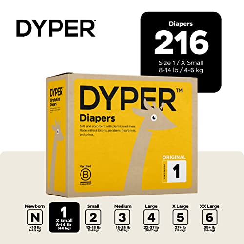 DYPER Size 1 Bamboo Baby Diapers & Wipes - Soft, Absorbent, Hypoallergenic - 216 Diapers, 60 Wipes