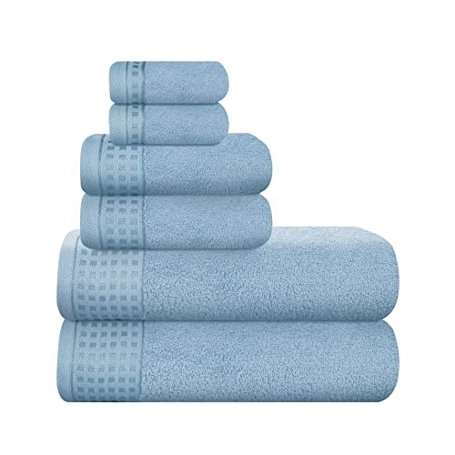 GLAMBURG 100% Cotton Ultra Soft Towel Set - Absorbent, Lightweight, Quick-Dry - Sky Blue, 6 Pack