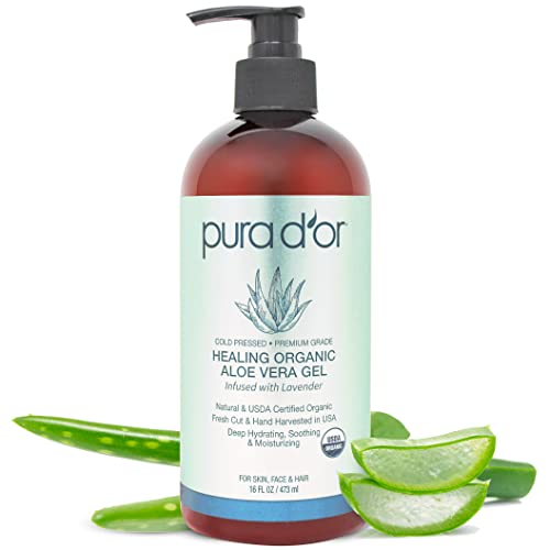 PURA D'OR Organic Aloe Vera Gel - Deeply Hydrating, Soothes Sunburn & Irritated Skin - 16oz