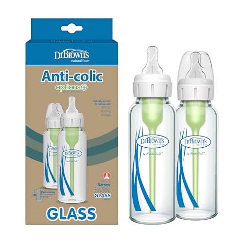 Dr. Brown's Anti-Colic Glass Baby Bottle - Reduces Spit-Up, Preserves Nutrients - 8oz, 2 Pack