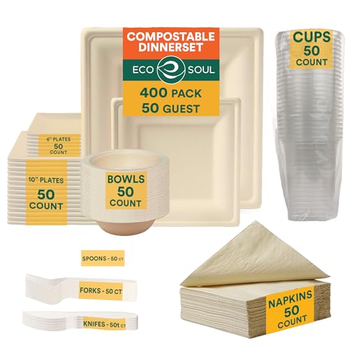 ECO SOUL Compostable Dinnerware Set - Durable, 200-Piece Biodegradable Party Essential