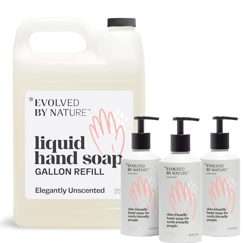 Evolved By Nature Liquid Hand Soap - Hydrating Peptides, Hypoallergenic, 3 Pack + Gallon Refill