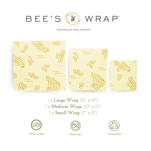 Bee's Wrap Reusable Beeswax Food Wraps - Natural Freshness, Organic Cotton, 3 Sizes
