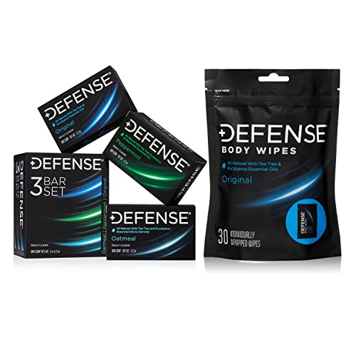 Defense Soap Body Wash & Travel Wipes - Natural Tea Tree & Eucalyptus, Hypoallergenic - 3-Pack