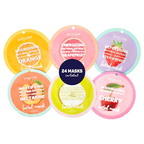 SpaLife Beauty Fruit Facial Sheet Masks - Hydrating & Nourishing, 6 Natural Extracts - 24 Pack