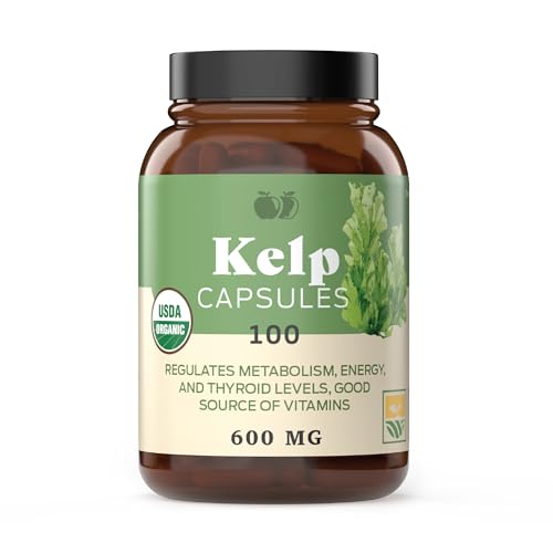 Raw Sea Kelp Powder Supplement - Supports Thyroid Health, Kosher & Gluten-Free - 600mg, 100 Caps