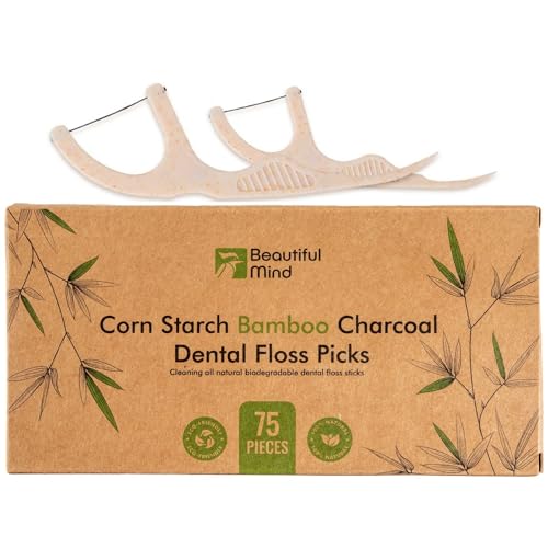 Beautiful Mind Dental Floss Picks - Strong Bamboo Charcoal, Biodegradable Corn Starch - 75 Count