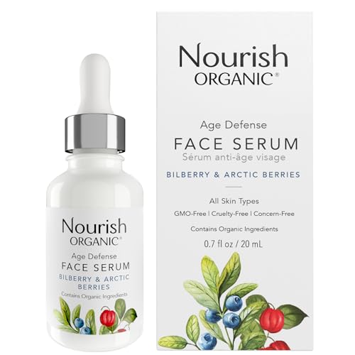 Nourish Organic Face Serum - Age Defense with Vitamin C & A, Brightening Botanicals - 0.7 Oz