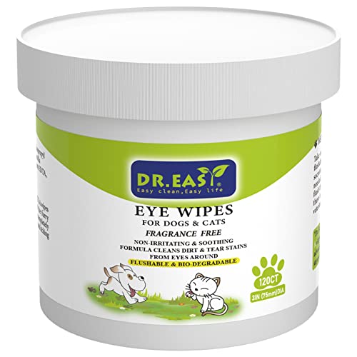 DR.EASY Pet Eye Wipes - Tear Stain Remover, Hypoallergenic, Plant-Based - 120 Flushable Wipes