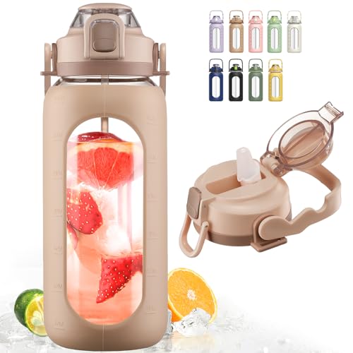 BLUEGO 64oz Glass Water Bottle - Motivational Time Markers, BPA-Free, Wide Mouth, Amber