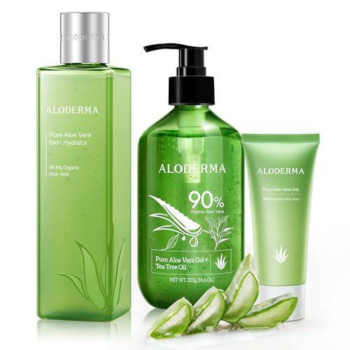 Aloderma Skin Care Set - Hydrating Aloe Vera & Tea Tree Oil, USDA Organic - 300g + 45g Travel Size