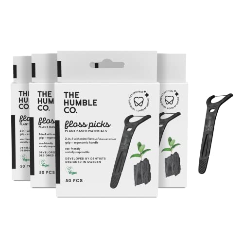 The Humble Co. Floss Picks - Plant-Based, Grip Handle for Dental Hygiene, 200 Count - Charcoal