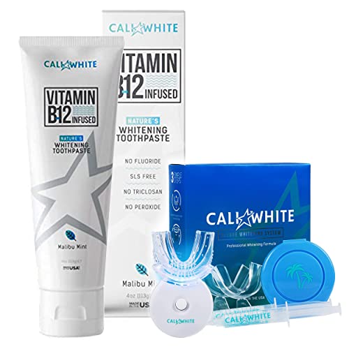 Cali White Teeth Whitening Kit - Boosts Energy with B12, Vegan, Fluoride-Free - 4oz Toothpaste